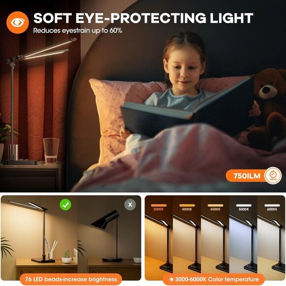 Desk Lamp with USB Charging Port & 【Adapter】, 17IN Tall LED Desk Lamps for Home - Picture 2 of 6